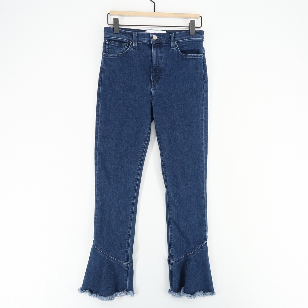IRO Berry Jeans Womens 28 Blue Ruffle Fringed Flare High Rise Stretch Made USA